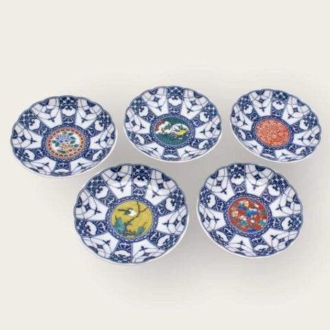 4号皿揃 染付瓔珞時代画風  九谷焼 皿 5枚セット 取り皿 和食器 おしゃれ